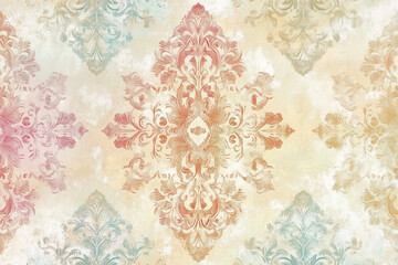 Elegant floral damask pattern with soft pastel tones, intricate symmetrical design, vintage style