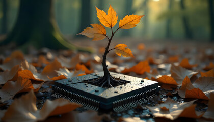 A powerful conceptual image showcasing a young autumn tree growing from a computer microchip surrounded by fallen leaves in a forest.