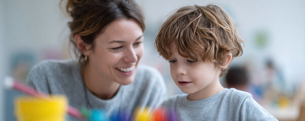 Obraz premium Warm image depicting a teacher and student engrossed in a learning activity. The scene evokes themes of growth, development, and nurturing relationships in education.