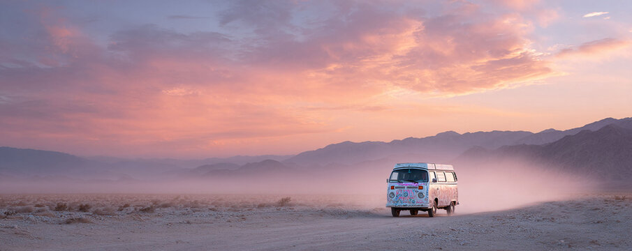 Dusty road trip at sunset. Vintage van driving through desert landscape under a vibrant pink and orange sky. Freedom, adventure, escape concept. - Powered by Adobe