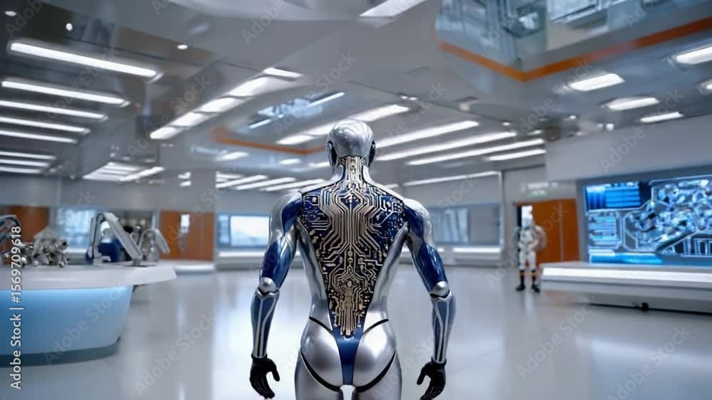 Aufkleber robotic figure in futuristic lab: a silver-toned robot with intricate circuit patterns walks through