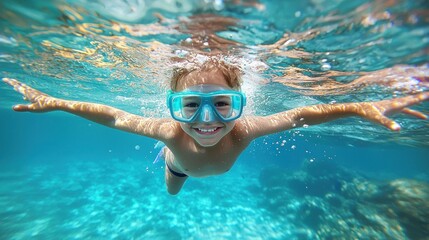 Naklejka premium A young child wearing a blue snorkel and goggles, swimming underwater with arms outstretched, surrounded by clear blue water with some bubbles and rocks visible in the background.