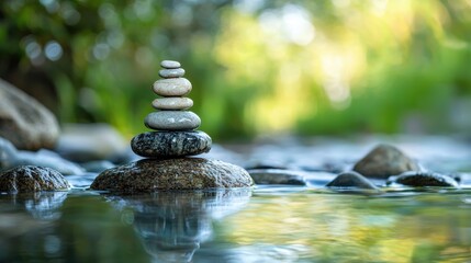 Obraz premium A stack of stones balanced on a rock in a serene, natural setting with a blurred green background.