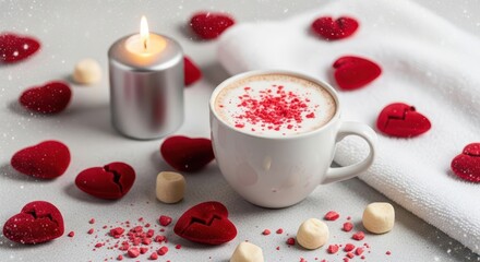 A cozy cup of coffee with foamy art is surrounded by red velvet hearts and a lit candle