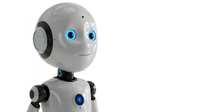 A white, friendly-looking robot with blue glowing eyes and details, isolated on a white background.