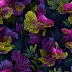 seamless colorful fish in shades of purple, lime green, and yellow swim gracefully aquarium setting. rich textures vibrant colors create lively underwater atmosphere generative ai