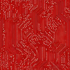 seamless high-res design features symmetrical circuit board patterns on bold red background, highlighting detailed white lines for modern tech aesthetic generative ai