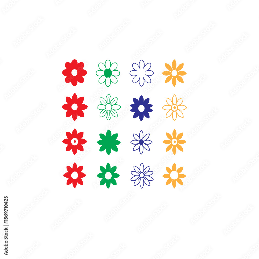 Poster assorted flower icons arranged in a grid pattern on white background
