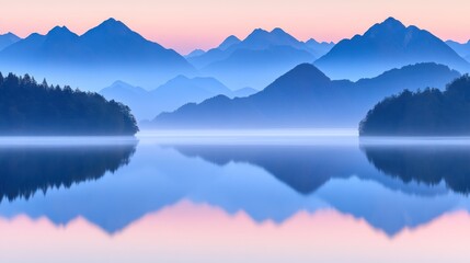 Calm lake reflecting misty mountains at sunrise. Possible use Stock photo