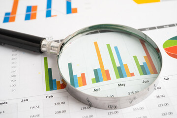 Magnifying glass on spreadsheet and graph paper.