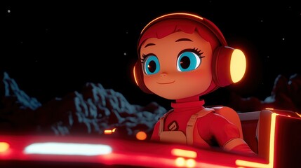 Cartoon Astronaut Girl in Spacecraft, Imaginative Space Travel, Kid's Sci-Fi