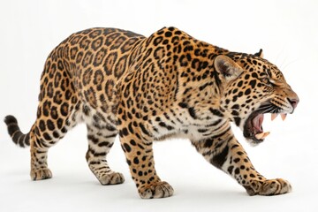 Obraz premium Magnificent Jaguar: Powerful Big Cat in Profile, Roaring Isolate on White Background