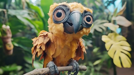 Cartoon bird perched on branch in lush jungle, ideal for children's book illustration or educational material