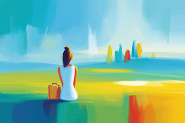 A woman with a suitcase, seen from behind, sits in a vibrant, painterly landscape. Abstract illustration symbolizing a journey, new beginnings, or waiting. Ample copy space.