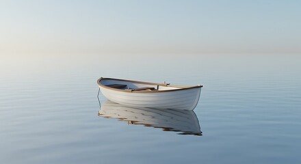 A lone boat rests on the still, reflective water