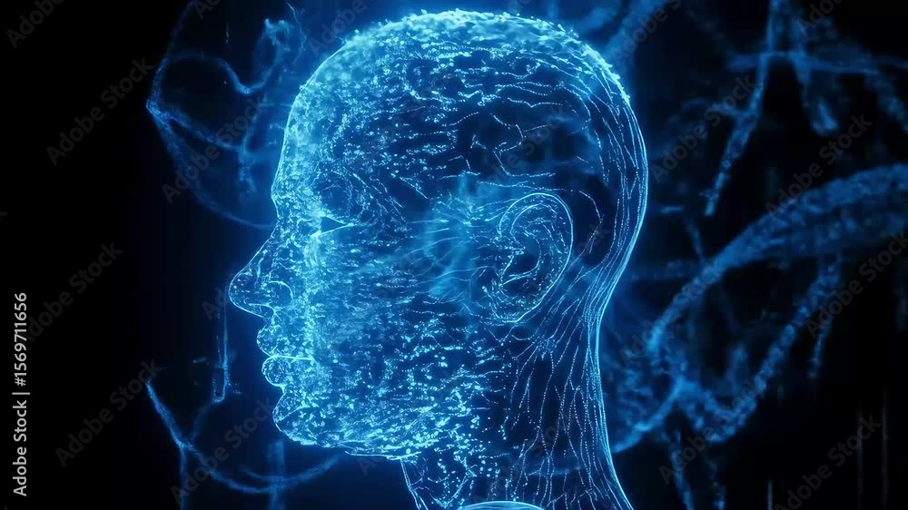 Aufkleber digital human face dissolving into data stream tech concept