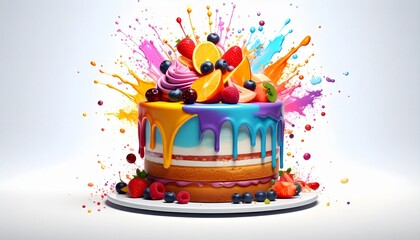 Chaos Cake Concept. Colorful cake adorned with fruits and vibrant icing splashes.