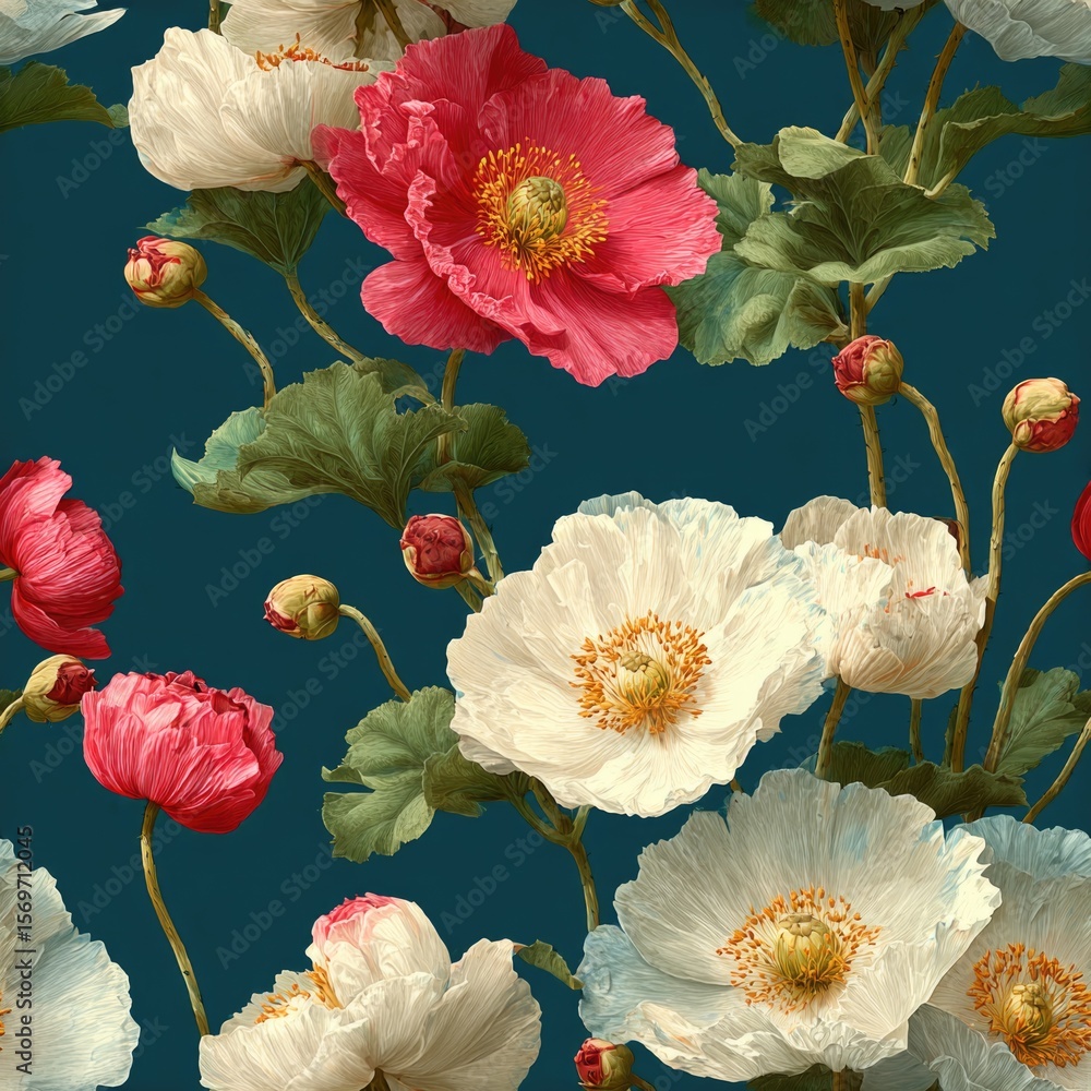 Poster seamless colorful poppy flowers in shades of red and white display intricate design against deep blu