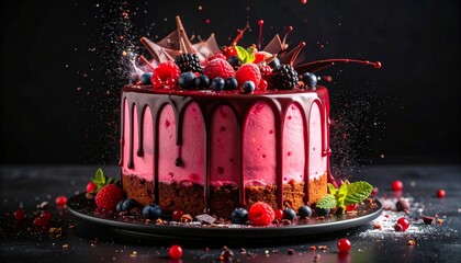 Chaos Cake Concept. Delicious chocolate cake topped with berries and chocolate shards.
