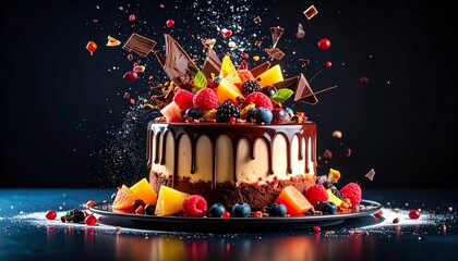 Chaos Cake Concept. Decadent cake topped with fruits and chocolate, bursting with flavor.