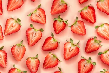 Halved Strawberries Pink Background. (2)