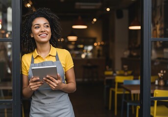 Smiling Cafe Owner Using Tablet, Warm Lighting