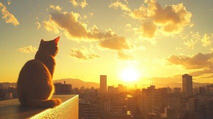 Cat watching sunset over cityscape rooftop