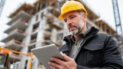 Construction Site Supervisor: A focused construction supervisor, donned in a yellow hard hat, intently reviews the latest plans on a tablet. Captured against the backdrop of a dynamic building site. - Powered by Adobe