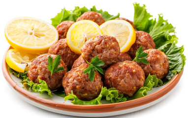 Fototapeta premium Savory icli kofte, bulgur and meat-stuffed balls, served with fresh lemon and crisp lettuce, isolated white.
