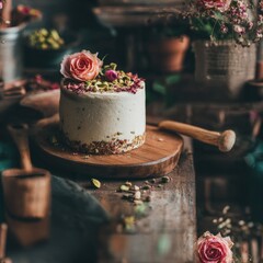 seamless beautifully crafted cake sits on wooden board, topped with delicate roses and pink petals, surrounded by pistachios. sunlight pours in, illuminating the vintage kitchen atmosphere