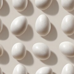 seamless background texture features white eggs arranged neatly on neutral surface, showcasing shadows that create depth. ideal for designs and tiling generative ai