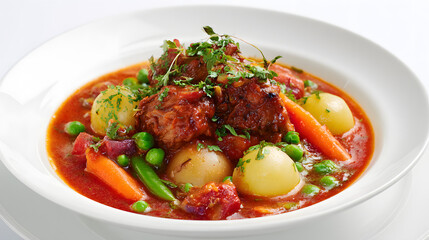 Hearty Spring Lamb Stew with Fresh Vegetables and Tender Shoulder Chunks in Bowl Surrounded by Green Herbs
