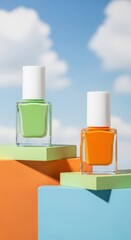 Two bottles of nail polish, one green and one orange, sit on geometric blocks against a blue sky