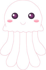 A kawaii jellyfish with a white translucent body and a smiling face, hanging with soft tentacles on a minimalistic light background.