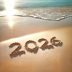 Numbers "2026" are etched into smooth sand as gentle ocean waves approach the shoreline, illuminated by the warm glow of the sun 