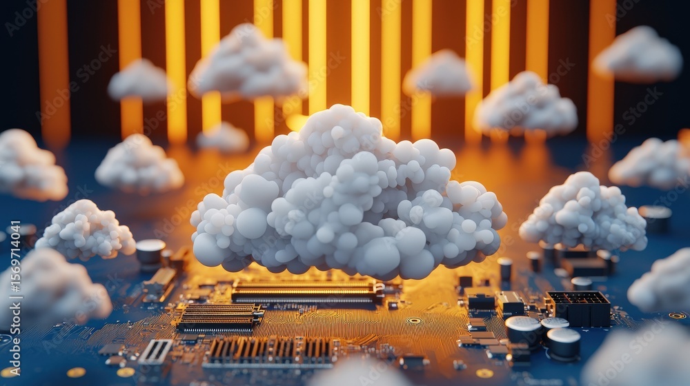 Poster quantum computing entanglement concept. clouds above a circuit board, symbolizing technology and inn