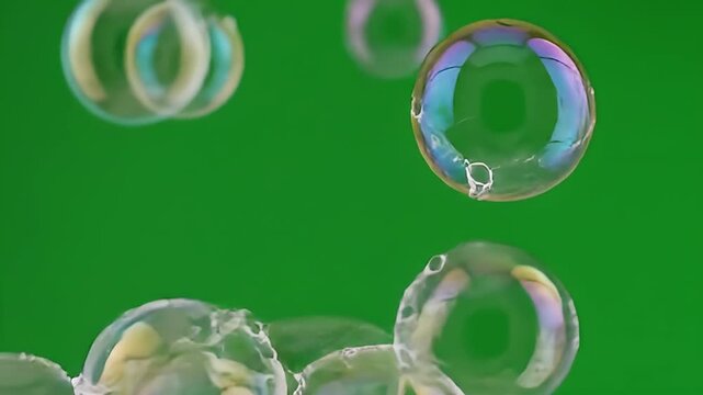 Multiple soap bubbles rising in green background