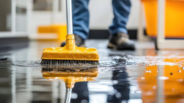 A person using a yellow broom to clean a flooded floor in an office.