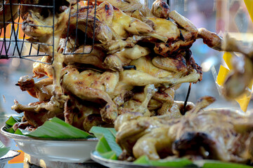 Roasted Chickens Stacked High Ready to Eat, Street Food Style