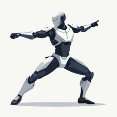 Naklejka premium Pixel Art Illustration of White and Gray Robot Posing Dynamically in a Studio Setting with Clean Background and Clear Geometric Design