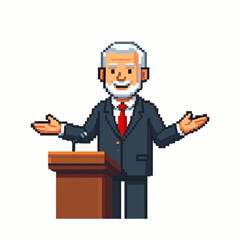 Pixel Art Image of a Man in a Dark Suit and Red Tie Giving a Speech at a Podium on a White Background