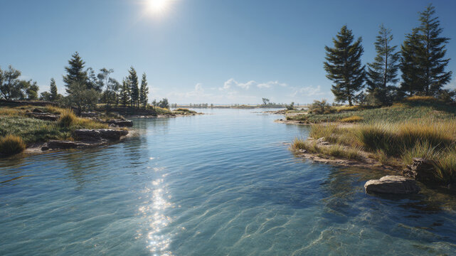 A tranquil lake scene.  Light, clear water reflects the sunlight and sky. The water is shallow, and the sandy shore is visible.  Green grass and small trees line the shore.  Light beige-colored dunes 