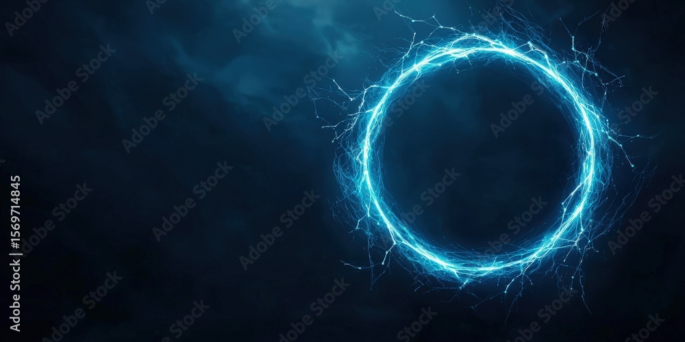 Poster quantum computing entanglement concept. electric blue circular light pattern on dark background.