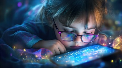 Child engrossed in digital device, imaginative world, soft light