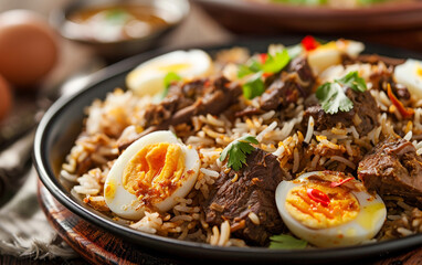 Flavorful Mutton Biryani: Aromatic long-grain rice layered with tender mutton and boiled eggs, a true Pakistani delight.