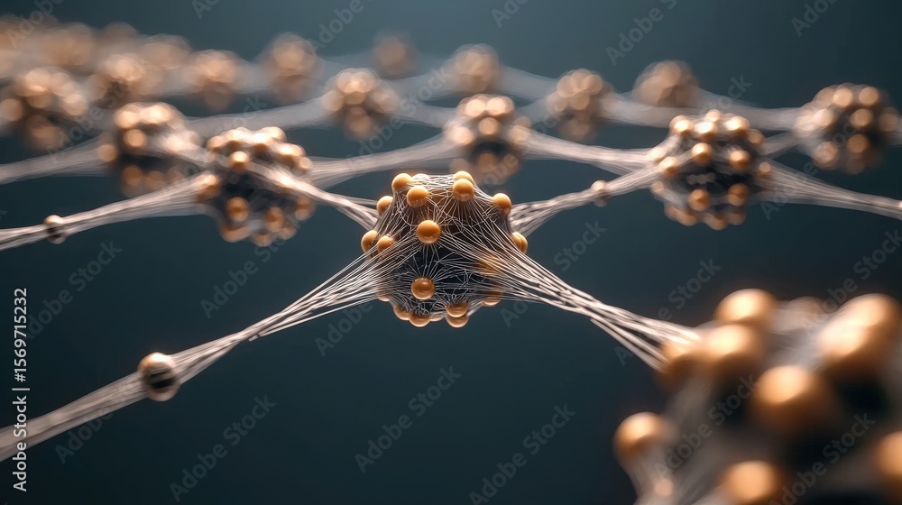 Poster quantum computing entanglement concept. abstract molecular network with golden nodes and connections