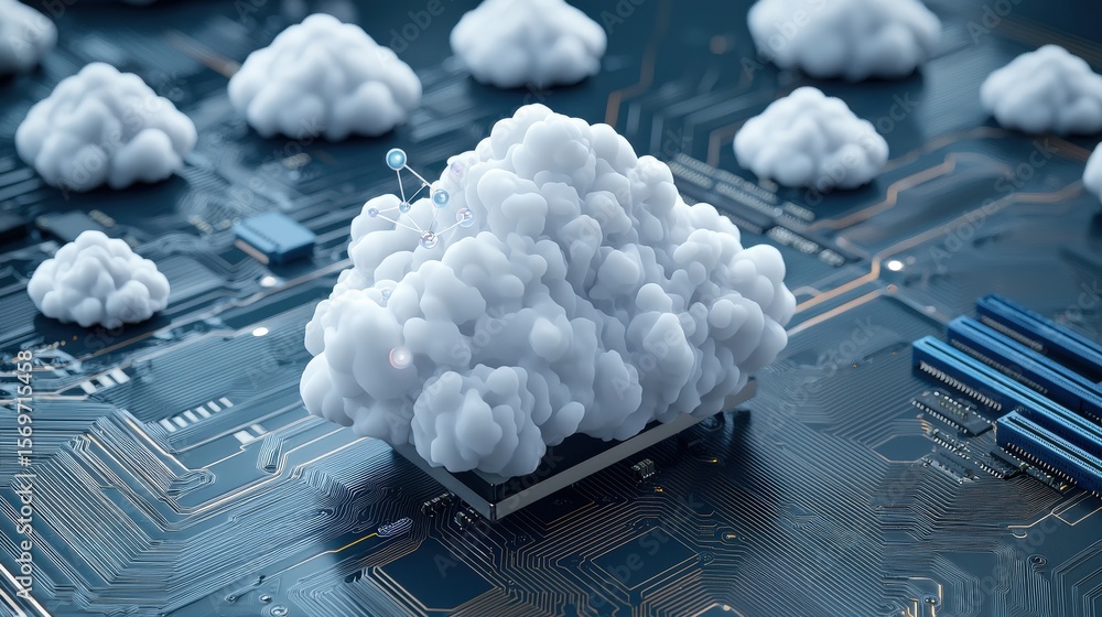 Aufkleber quantum computing entanglement concept. digital cloud over a circuit board, representing technology 