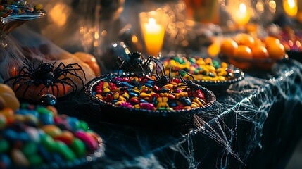 Obraz premium Halloween Candy Table With Spiders And Candles