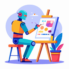 Robot Creating Abstract Painting with Vibrant Color Palette on Canvas in Studio Setting Featuring a Blue Robot with Yellow Accents and Geometric Design