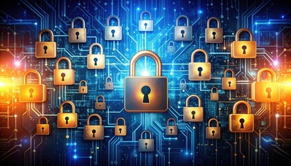 Multiple padlocks overlay a glowing digital circuit board, symbolizing cybersecurity and data protection in a high-tech environment.